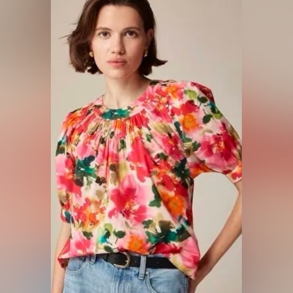 J. Crew Smock-neck puff-sleeve top in floral cotton poplin SZ MEDIUM